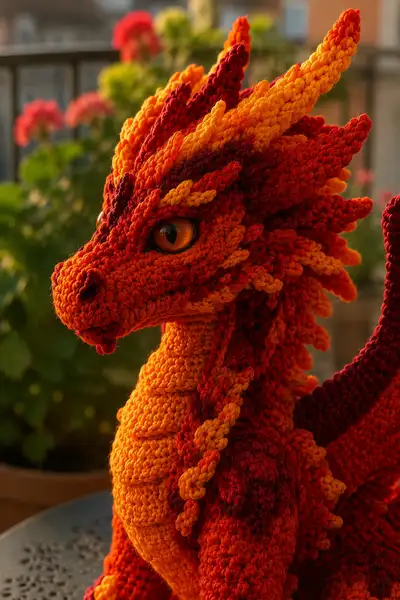 Big Fiery Orange Lava Dragon with Amber Eyes Amigurumi Pattern step 2 - assembly progress