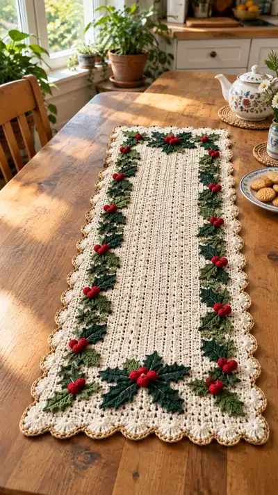 Festive Holly Scallop Table Runner Pattern step 1 - construction progress