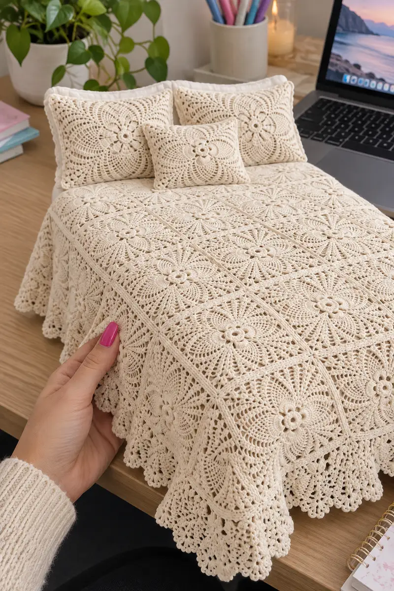 Serene Petal Bedspread Pattern crochet pattern - detailed view of completed project