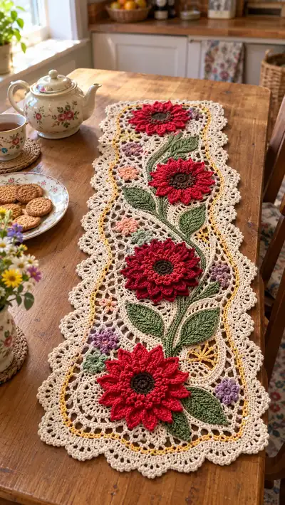 Sunflower Garden Lace Table Runner Pattern step 1 - construction progress