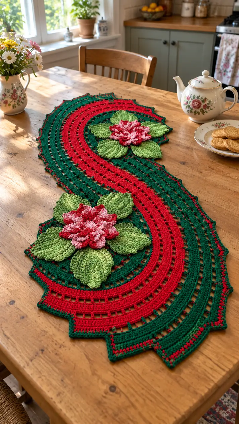 Festive Floral Table Runner Pattern crochet pattern - detailed view of completed project
