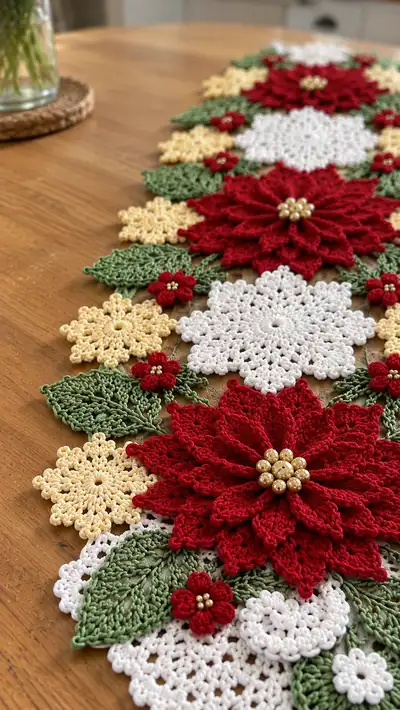 Poinsettia Lace Table Runner Pattern step 2 - assembly progress