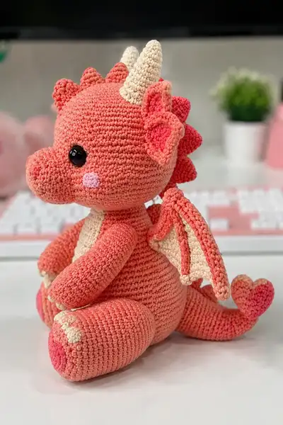 Big Coral Love Dragon with Heart Tail and Blush Cheeks Amigurumi Pattern step 2 - assembly progress