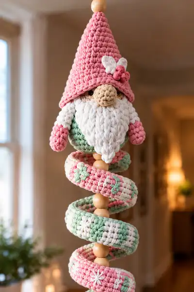 Spiral Gnome Hanging Garland Amigurumi Pattern step 2 - assembly progress