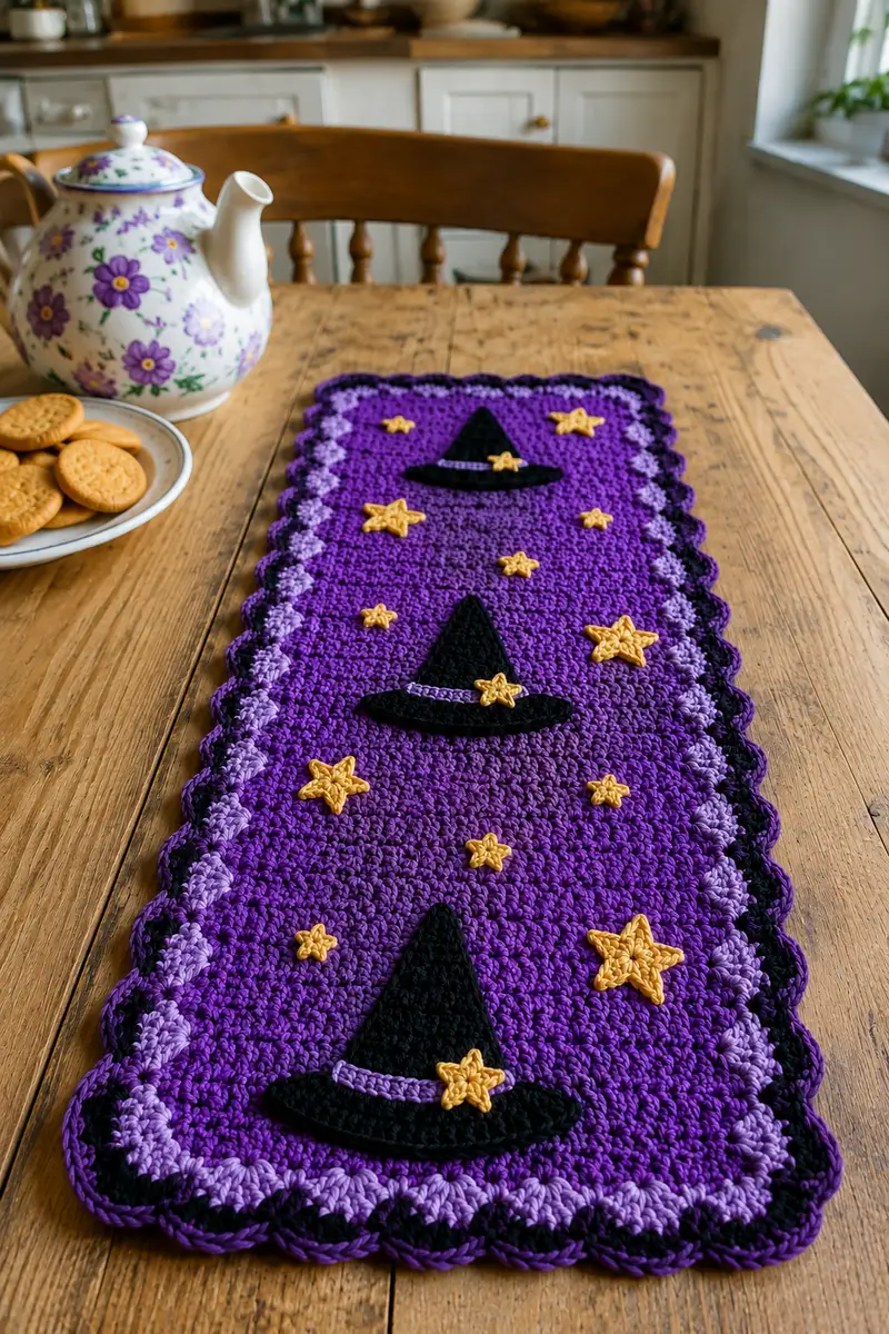Purple Witch Halloween Table Runner Pattern crochet pattern - detailed view of completed project