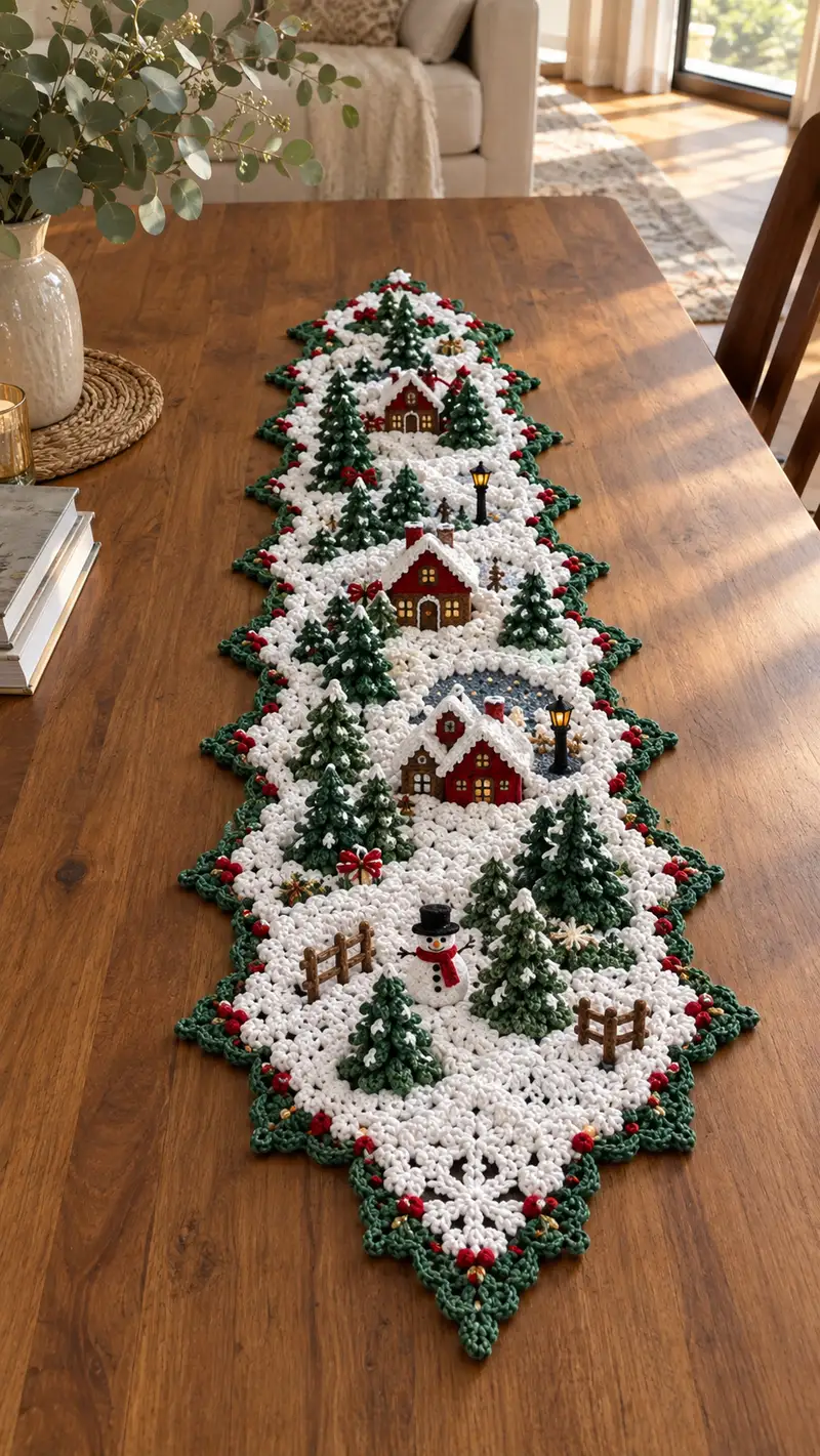 Winter Village Table Runner Pattern crochet pattern - detailed view of completed project