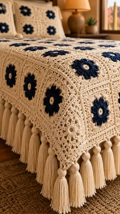 Midnight Navy Flower Granny Bedspread Pattern step 2 - assembly progress