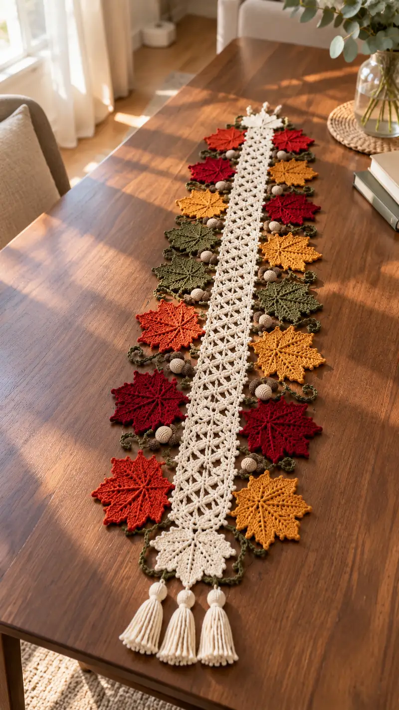Autumn Leaves Table Runner Pattern crochet pattern - detailed view of completed project