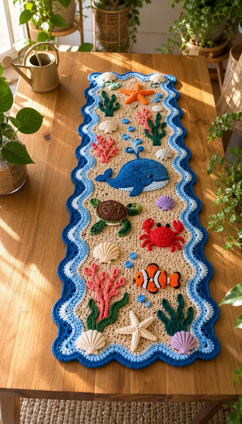 Undersea Table Runner Pattern crochet pattern - detailed view of completed project