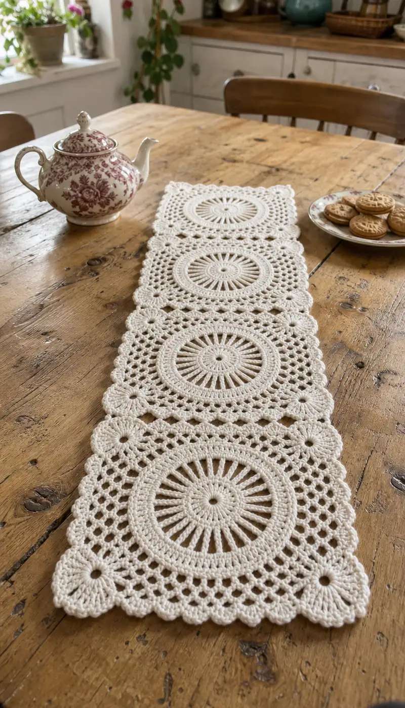 Vintage Medallion Table Runner Pattern crochet pattern - detailed view of completed project
