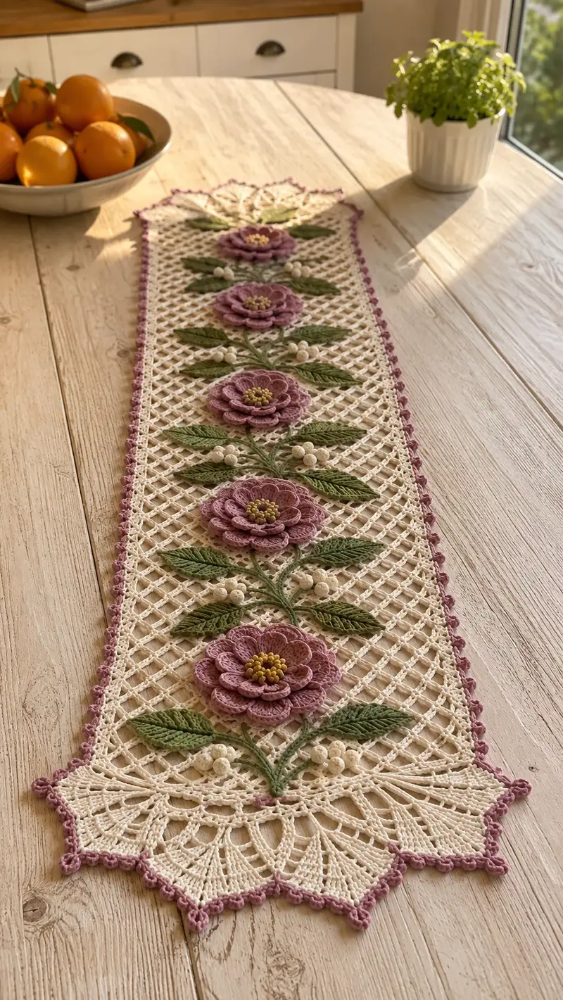 Elegant Floral Lattice Table Runner Pattern crochet pattern - detailed view of completed project