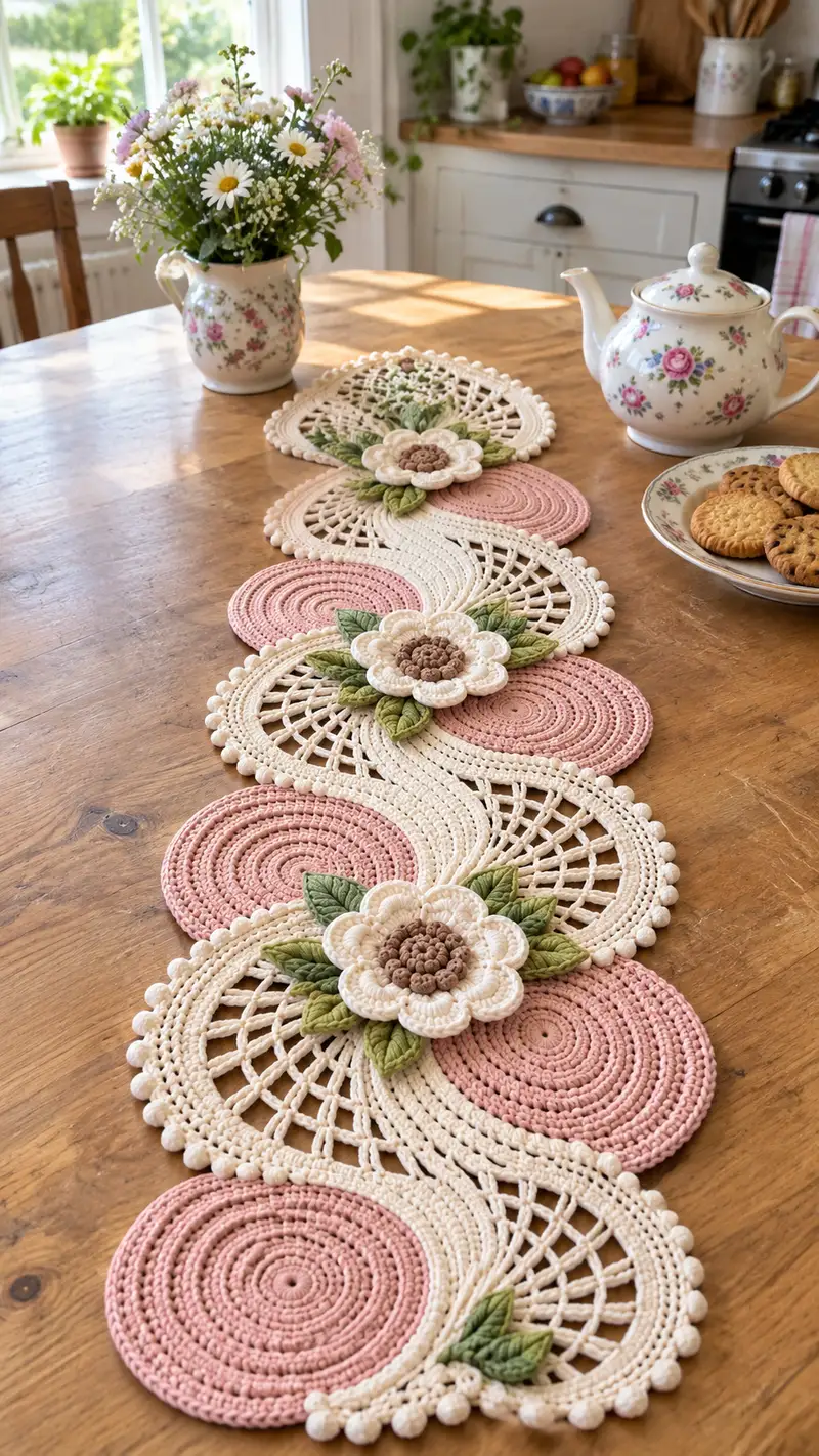Elegant Floral Table Runner Pattern crochet pattern - detailed view of completed project