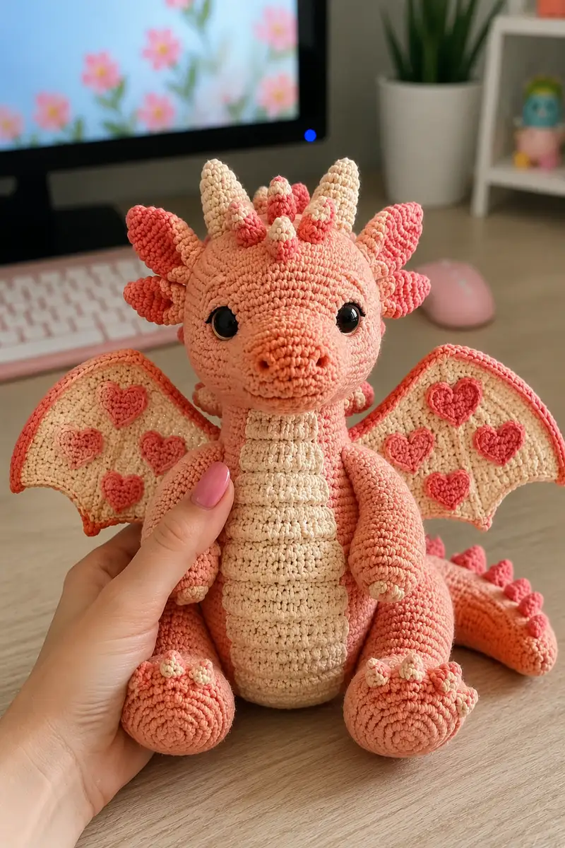 Big Peachy Love Dragon Amigurumi Pattern crochet pattern - detailed view of completed project