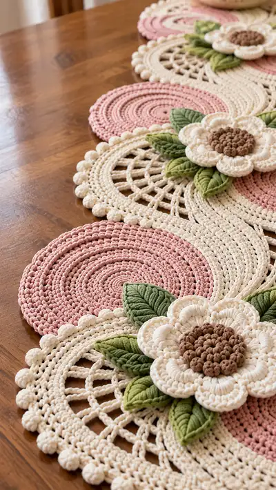 Scalloped Floral Table Runner Pattern step 2 - assembly progress