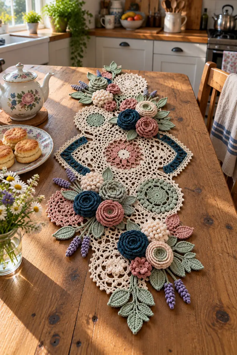 Vintage Floral Crochet Table Runner Pattern crochet pattern - detailed view of completed project