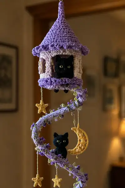 Lavender Roof Spiral Garland with Black Cats and Moon Charms Pattern step 2 - assembly progress