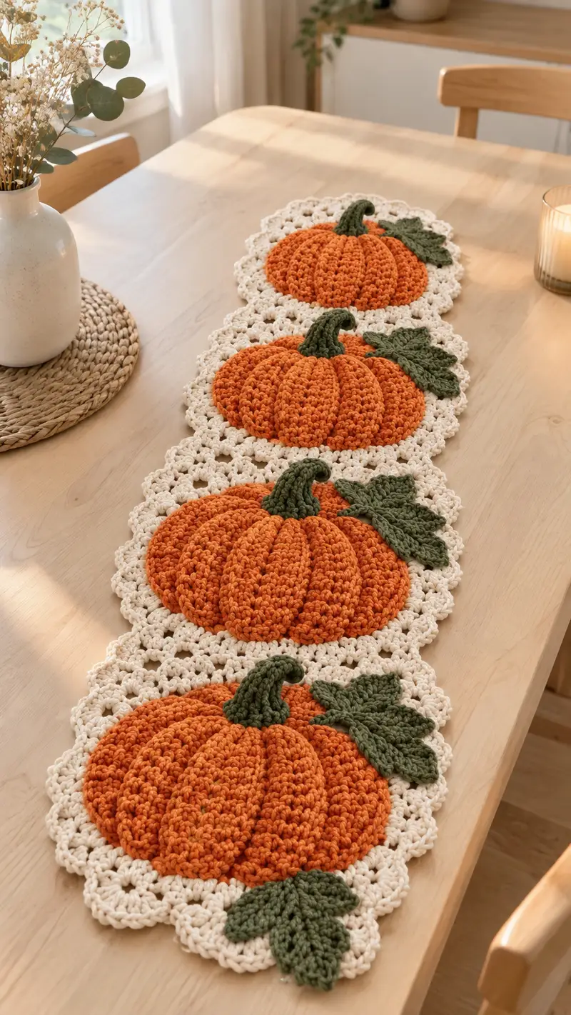 Pumpkin Table Runner Pattern crochet pattern - detailed view of completed project