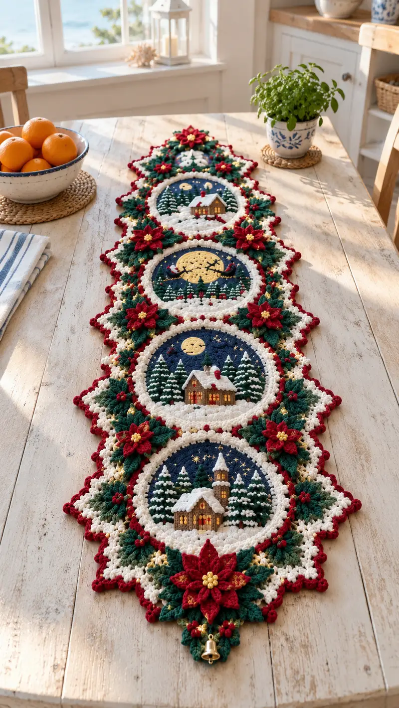 Festive Winter Scene Table Runner Pattern crochet pattern - detailed view of completed project