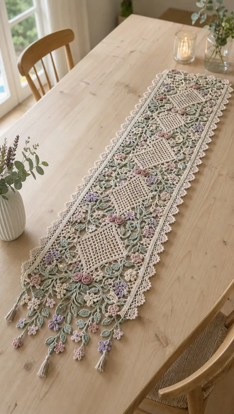 Delicate Floral Lace Table Runner Pattern crochet pattern - detailed view of completed project