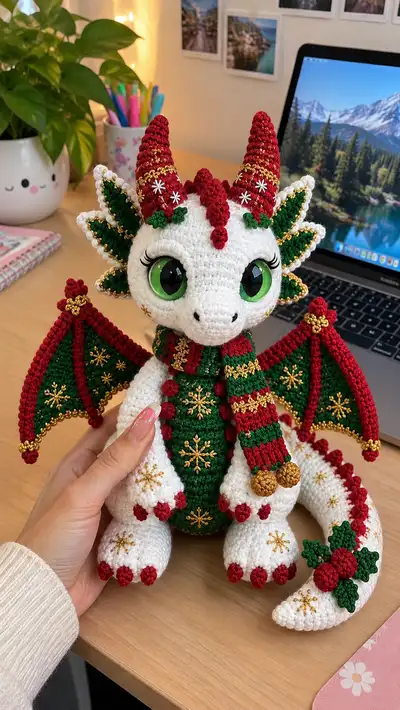 Festive Holly Dragon Amigurumi Pattern step 1 - construction progress
