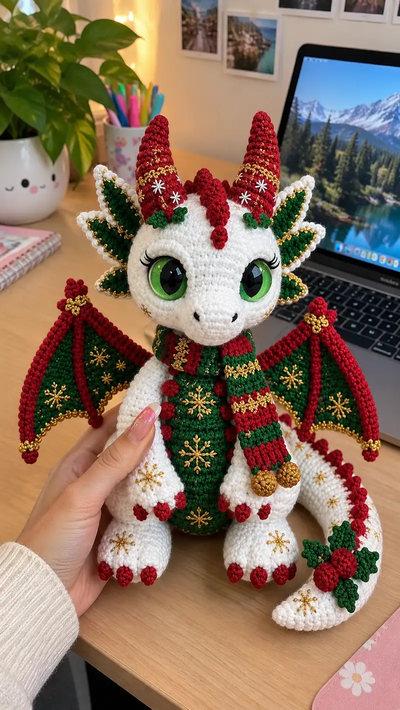 Festive Holly Dragon Amigurumi Pattern crochet pattern - detailed view of completed project