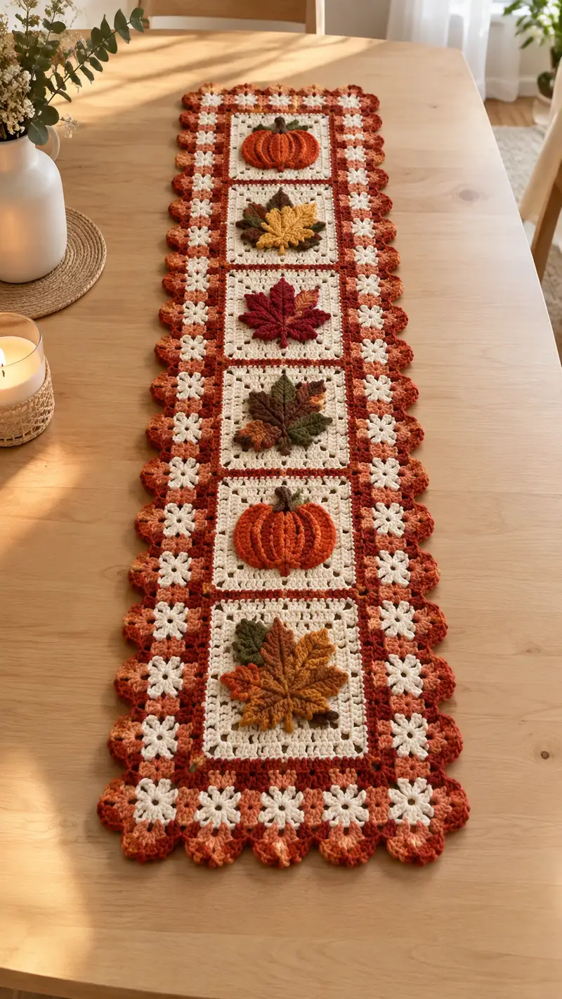 Burnt Orange And Cream Autumn Table Runner Pattern crochet pattern - detailed view of completed project