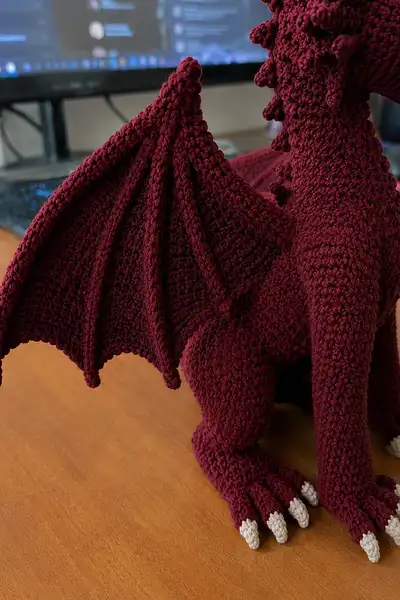 Big Deep Maroon Demon Dragon with Horns and Claws Amigurumi Pattern step 2 - assembly progress