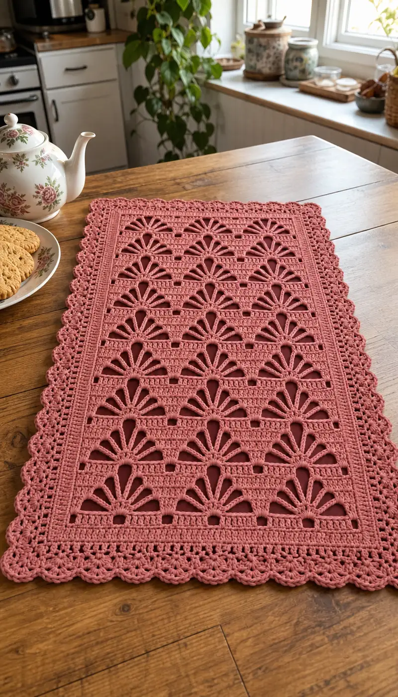 Vintage Fan Lace Table Runner Pattern crochet pattern - detailed view of completed project