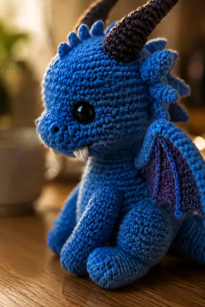 Small Blue Demon Dragon with Baby Fangs Amigurumi Pattern step 2 - assembly progress