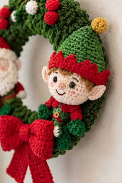 Cozy Christmas Character Wreath with Santa and Elf Amigurumi Pattern step 2 - assembly progress