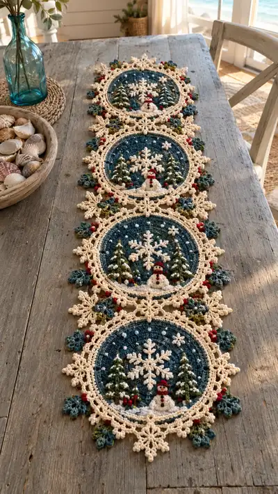 Navy Winter Snowman Motif Table Runner Pattern step 1 - construction progress