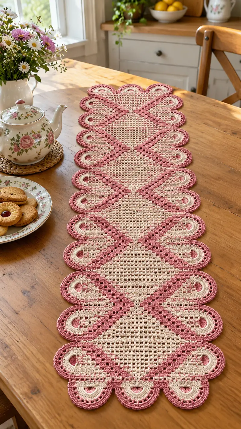 Vintage Pink & Cream Diamond Table Runner Pattern crochet pattern - detailed view of completed project