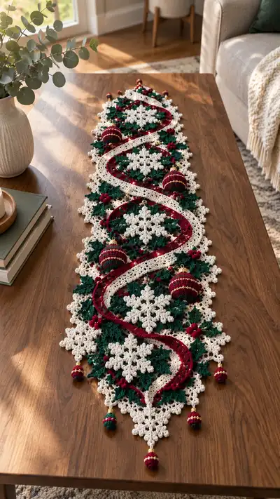 Festive Snowflake Holly Table Runner Pattern step 1 - construction progress