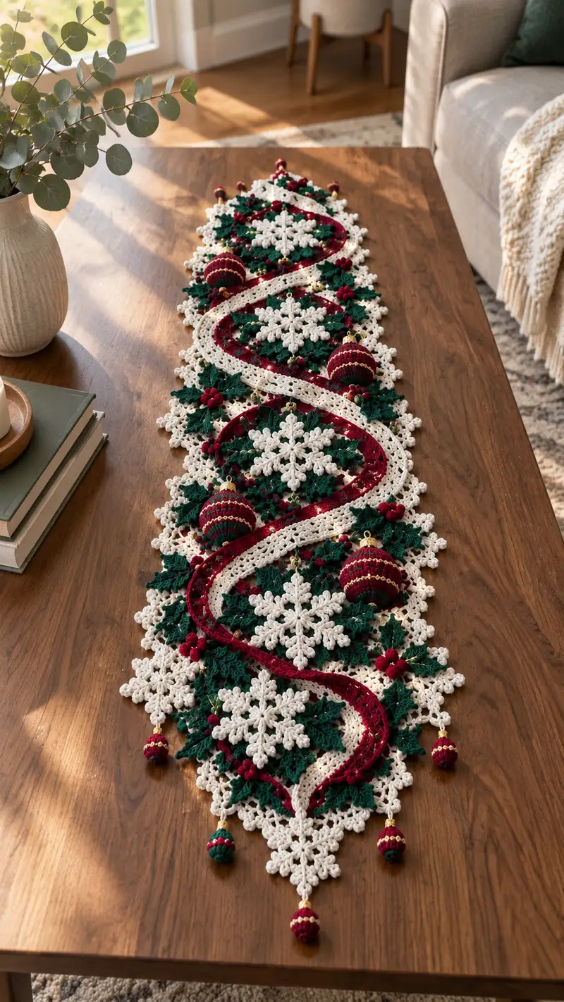 Festive Snowflake Holly Table Runner Pattern crochet pattern - detailed view of completed project