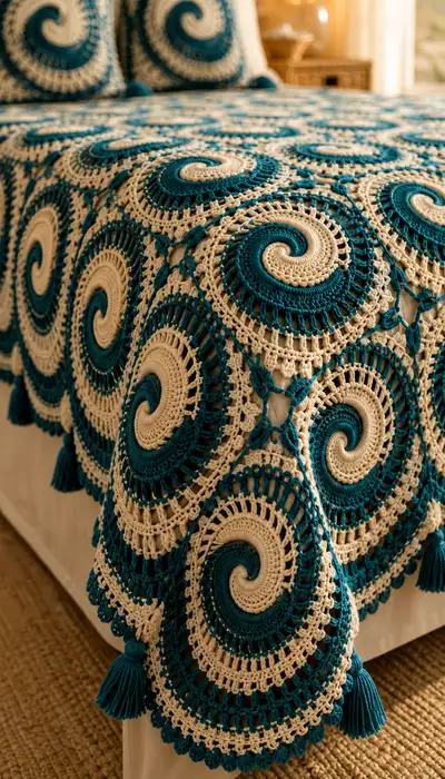 Teal Spiral Coastal Granny Bedspread Pattern step 2 - assembly progress