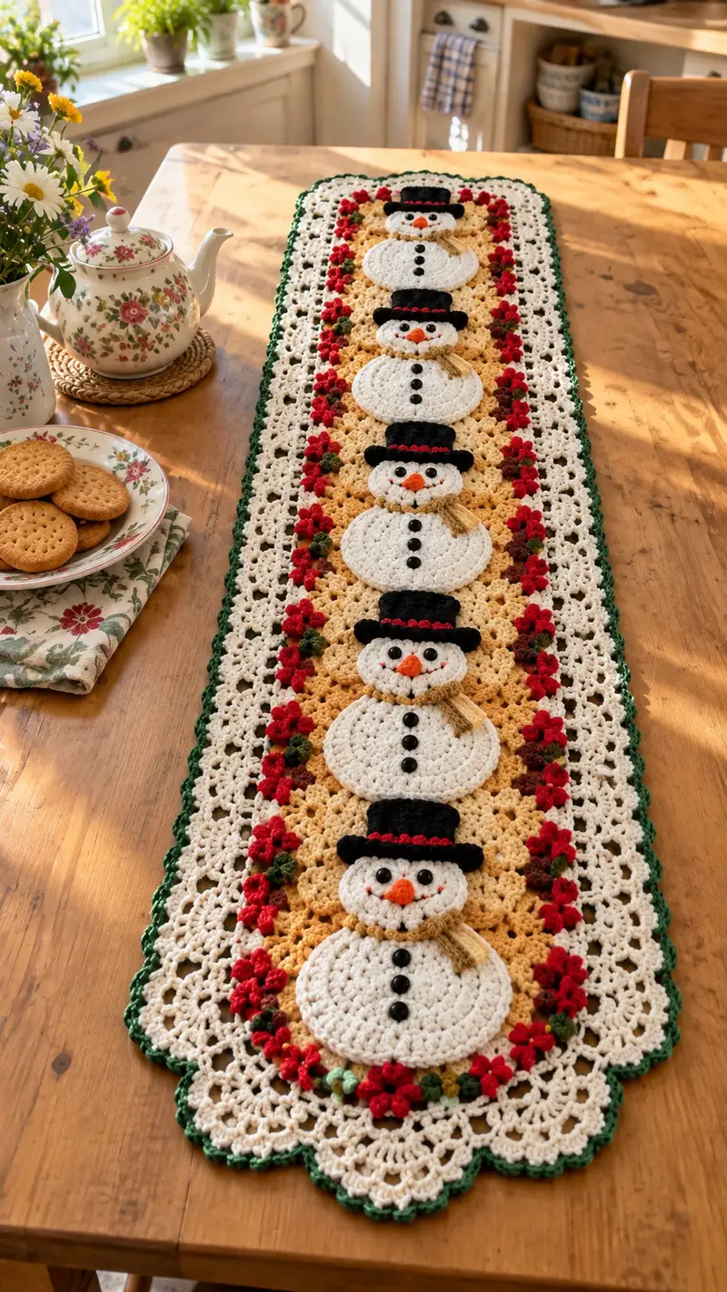 Festive Snowman Table Runner Pattern crochet pattern - detailed view of completed project