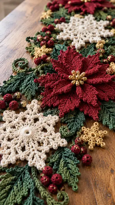 Festive Poinsettia & Snowflake Table Runner Pattern step 2 - assembly progress