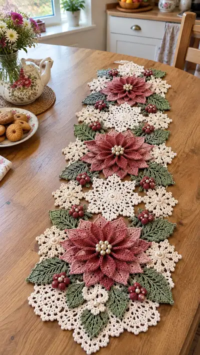 Festive Poinsettia Table Runner Pattern step 1 - construction progress