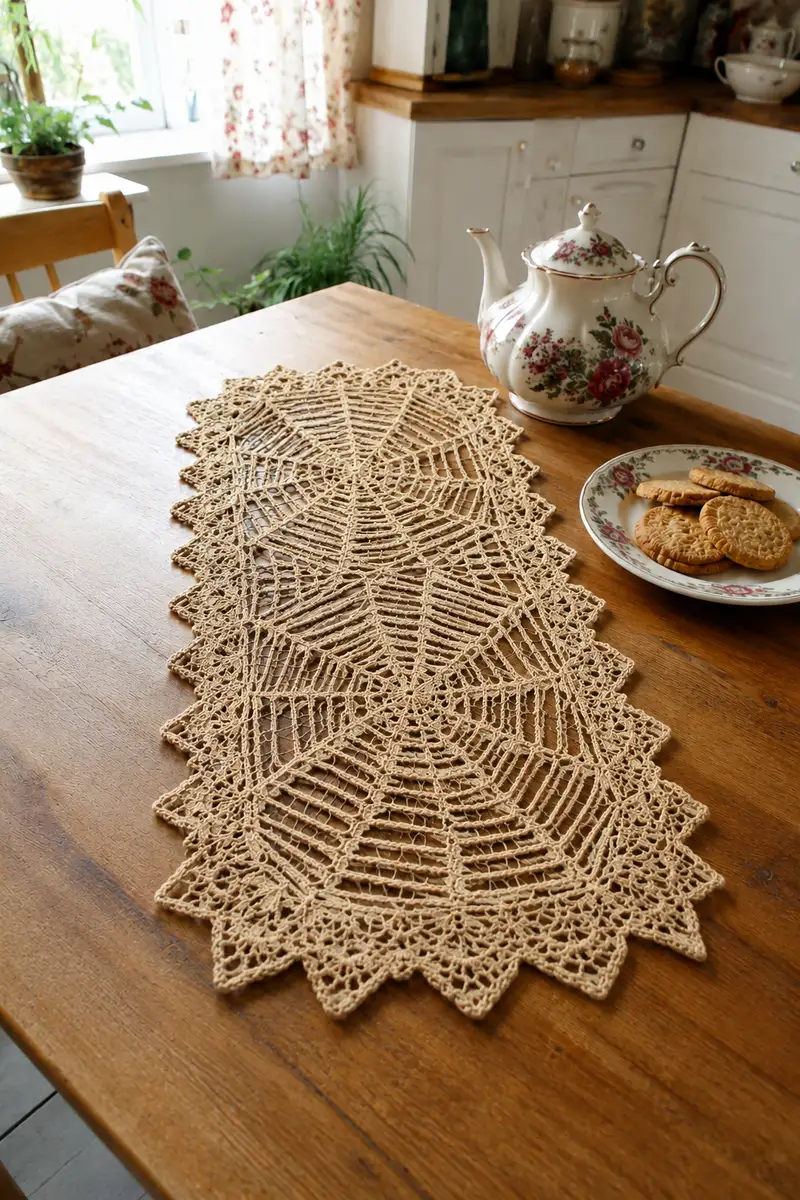 Spider Web Halloween Table Runner Pattern crochet pattern - detailed view of completed project