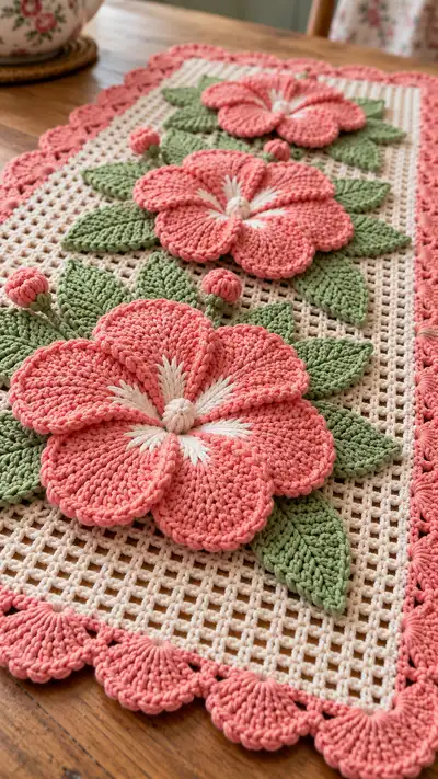 Coral Blossom Table Runner Pattern step 2 - assembly progress