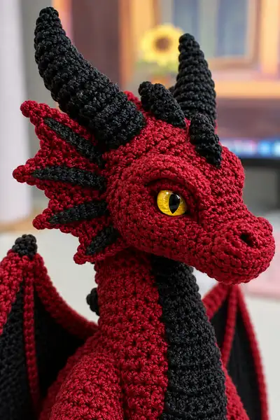 Dark Red Demon Dragon with Black Wings and Yellow Eyes Amigurumi Pattern step 2 - assembly progress