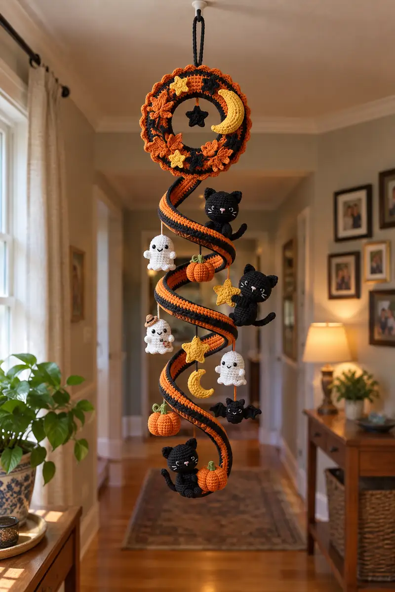 Spooky Spiral Halloween Mobile Amigurumi Pattern crochet pattern - detailed view of completed project