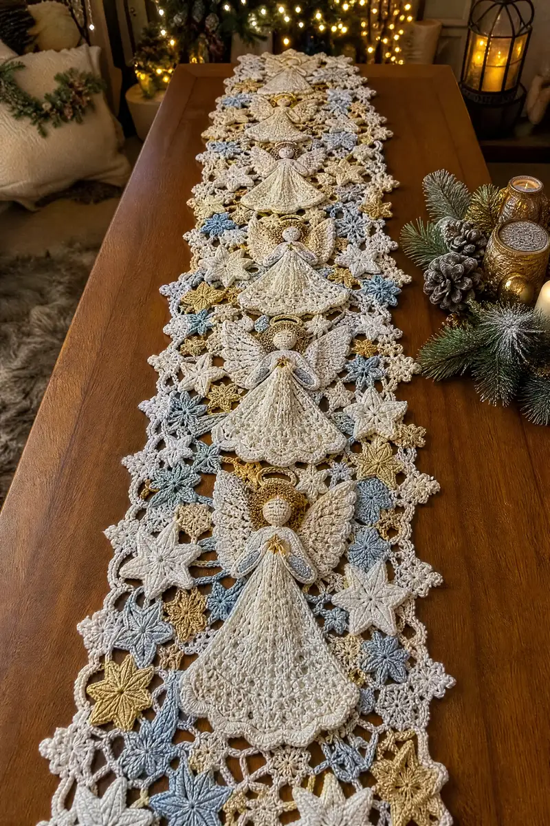 Long Angel and Star Christmas Table Runner Pattern crochet pattern - detailed view of completed project