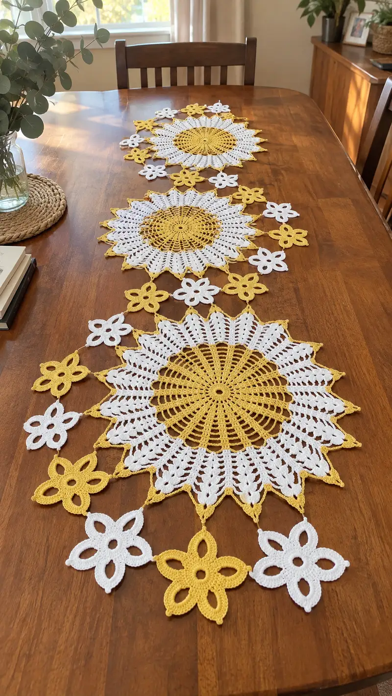 Sunflower Chain Table Runner Pattern crochet pattern - detailed view of completed project