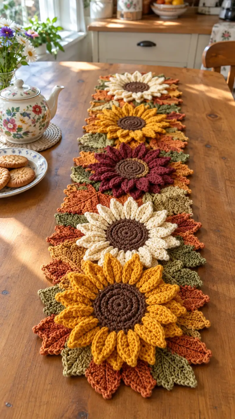 Sunflower Table Runner Pattern crochet pattern - detailed view of completed project