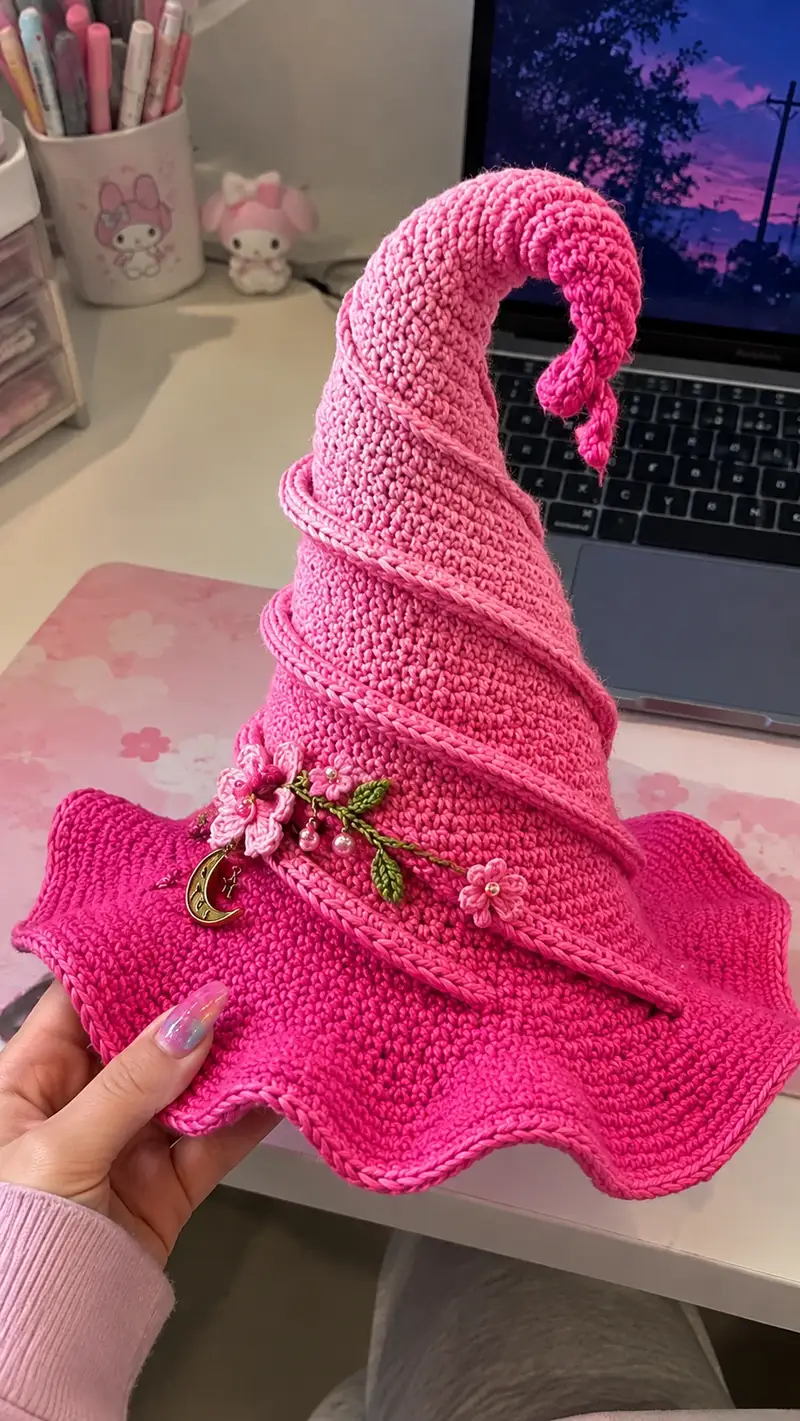 Whimsical Pink Witch Hat Pattern crochet pattern - detailed view of completed project