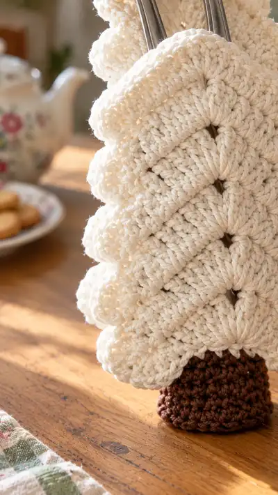 Scalloped Layered Tree Cutlery Holder Pattern step 2 - assembly progress