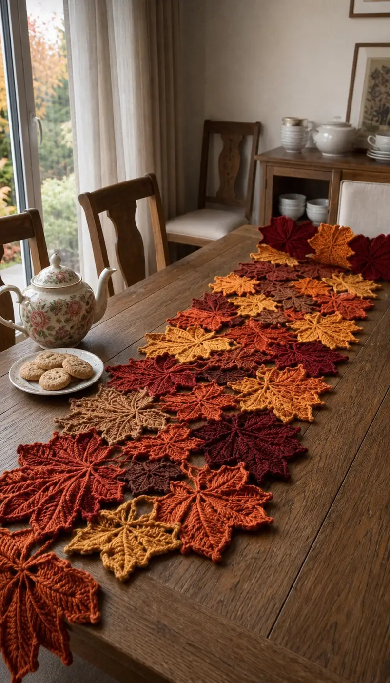 Autumn Maple Leaf Table Runner Pattern crochet pattern - detailed view of completed project