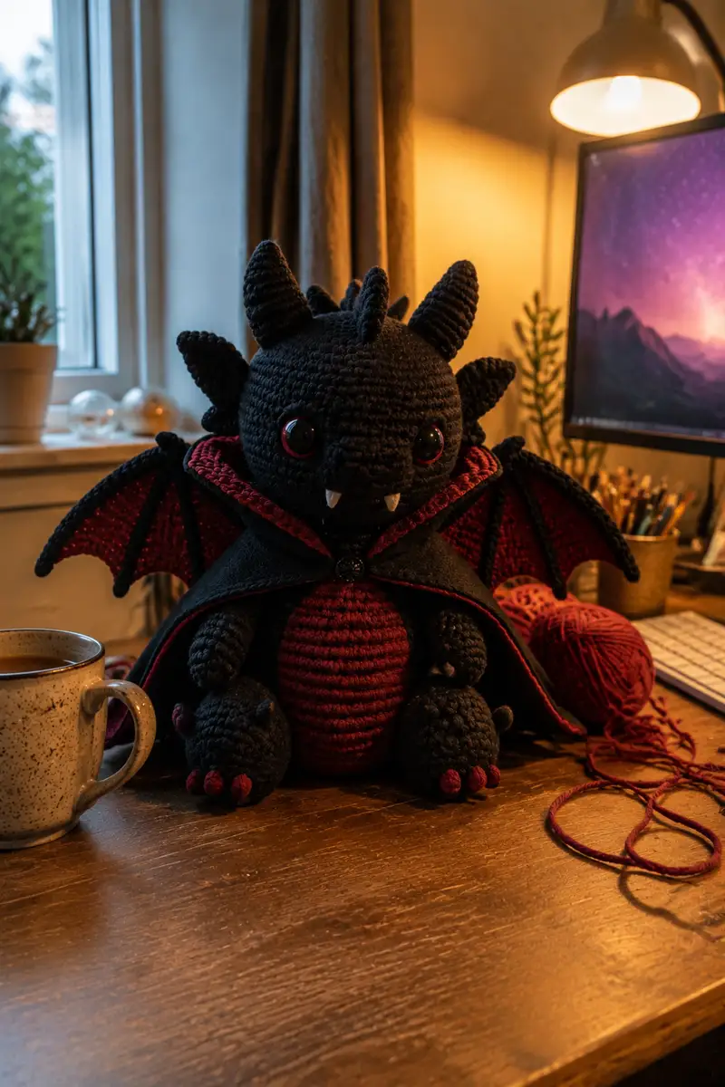 Big Vampire Dragon with Black Cape and Tiny Fangs Amigurumi Pattern crochet pattern - detailed view of completed project