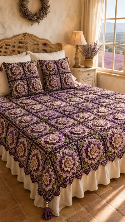 Lavender Jewel Layered Granny Bedspread Pattern step 1 - construction progress